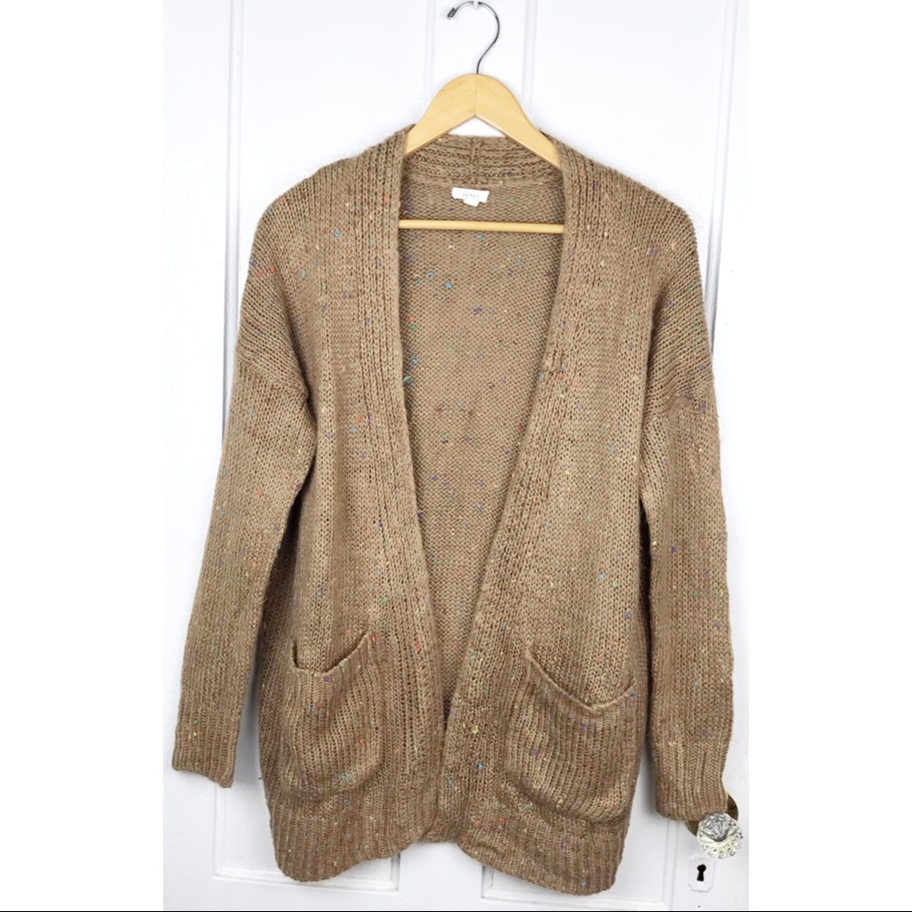 debut : size M : tan brown sugar colorful confetti patterned long open cardigan